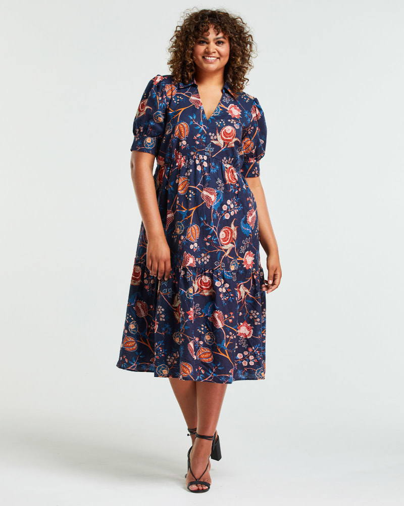 Front of a model wearing a size 1X Tuscan Blooms Midi Dress in Print by Estelle. | dia_product_style_image_id:264462